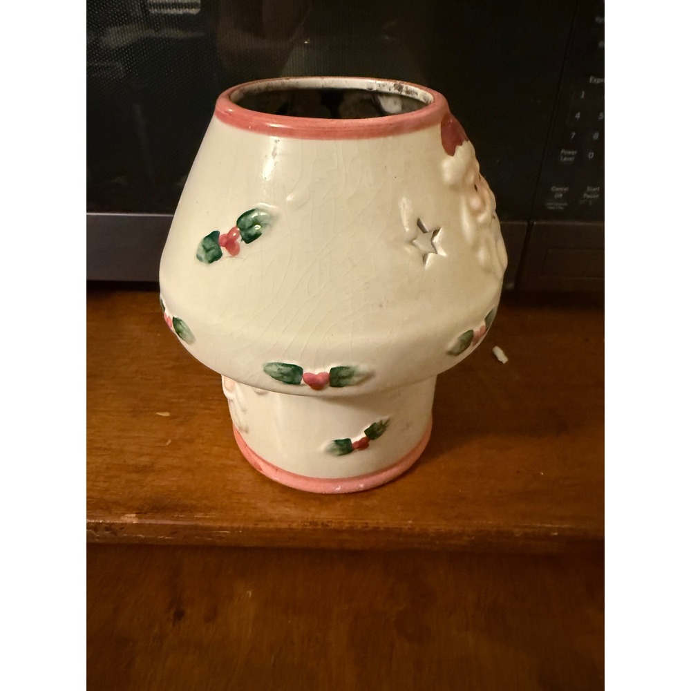 Vintage Ceramic Christmas Santa Candle Lamp Holly Star Cutout 2 Piece Tea Light